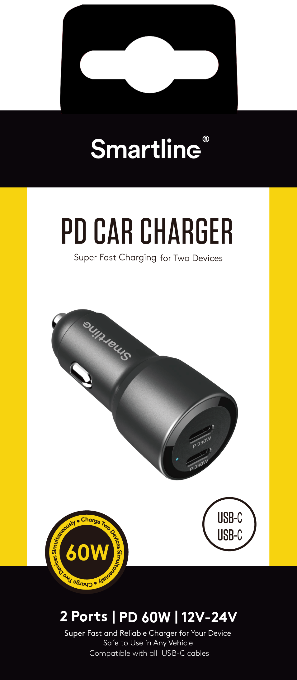 Caricabatterie auto USB-C x2 60W PD, nero