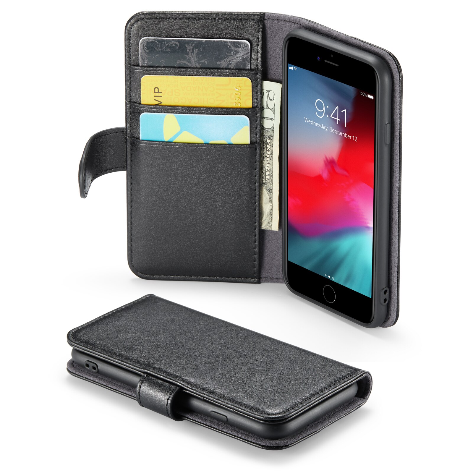 Custodia a portafoglio in vera pelle iPhone SE (2022), nero