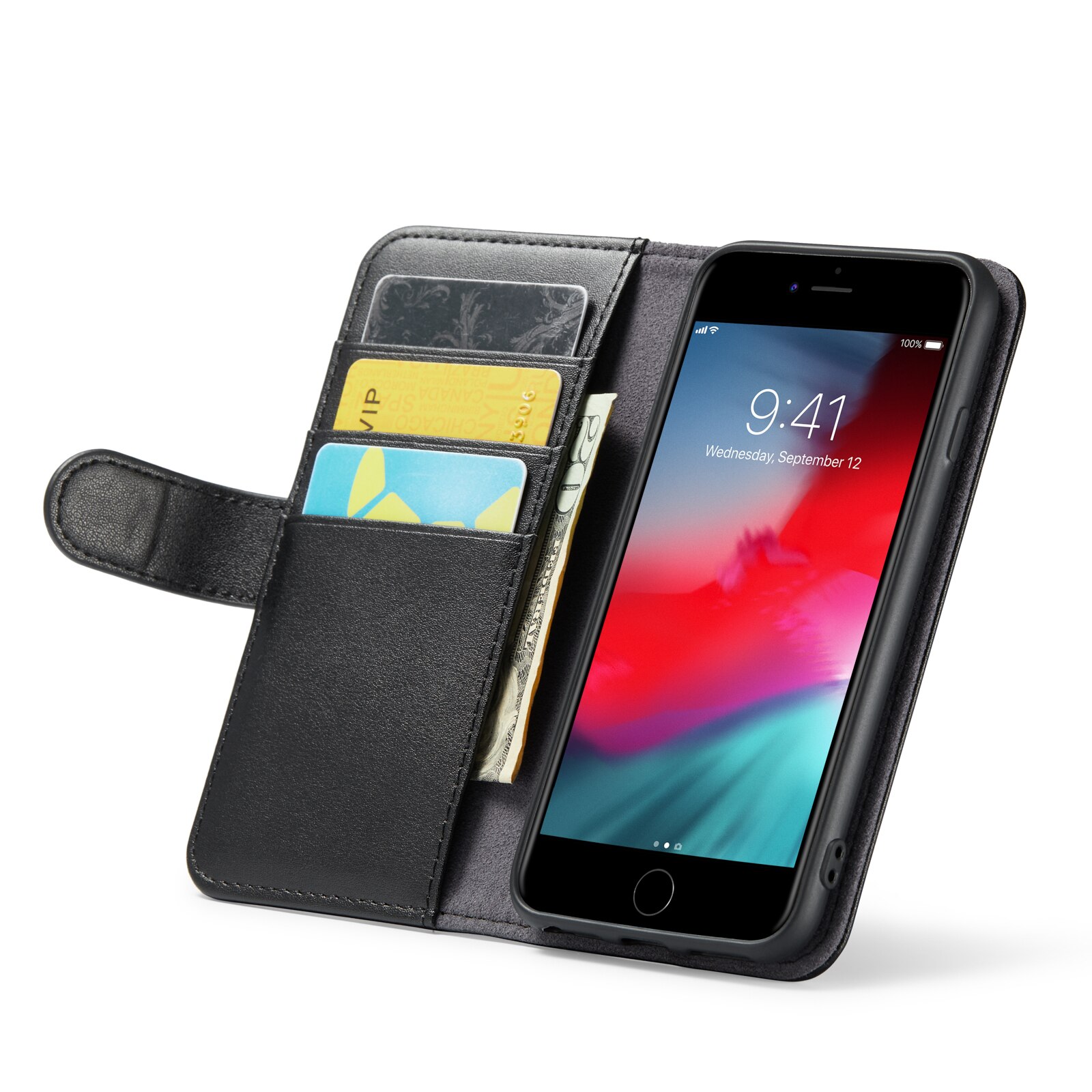 Custodia a portafoglio in vera pelle iPhone SE (2022), nero
