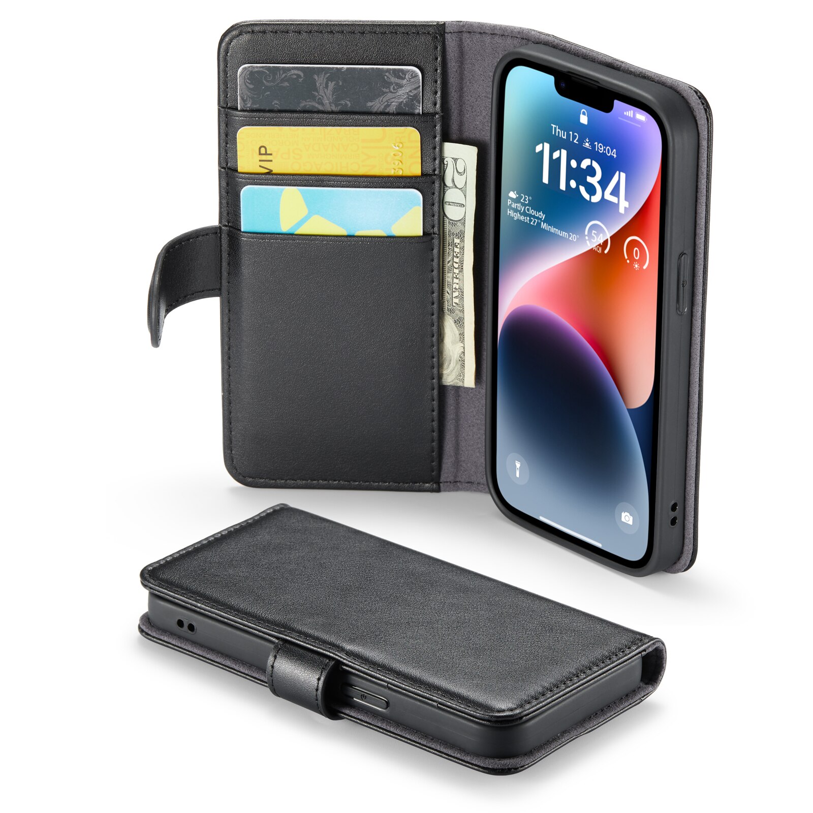 Custodia a portafoglio in vera pelle iPhone 14 Plus, nero