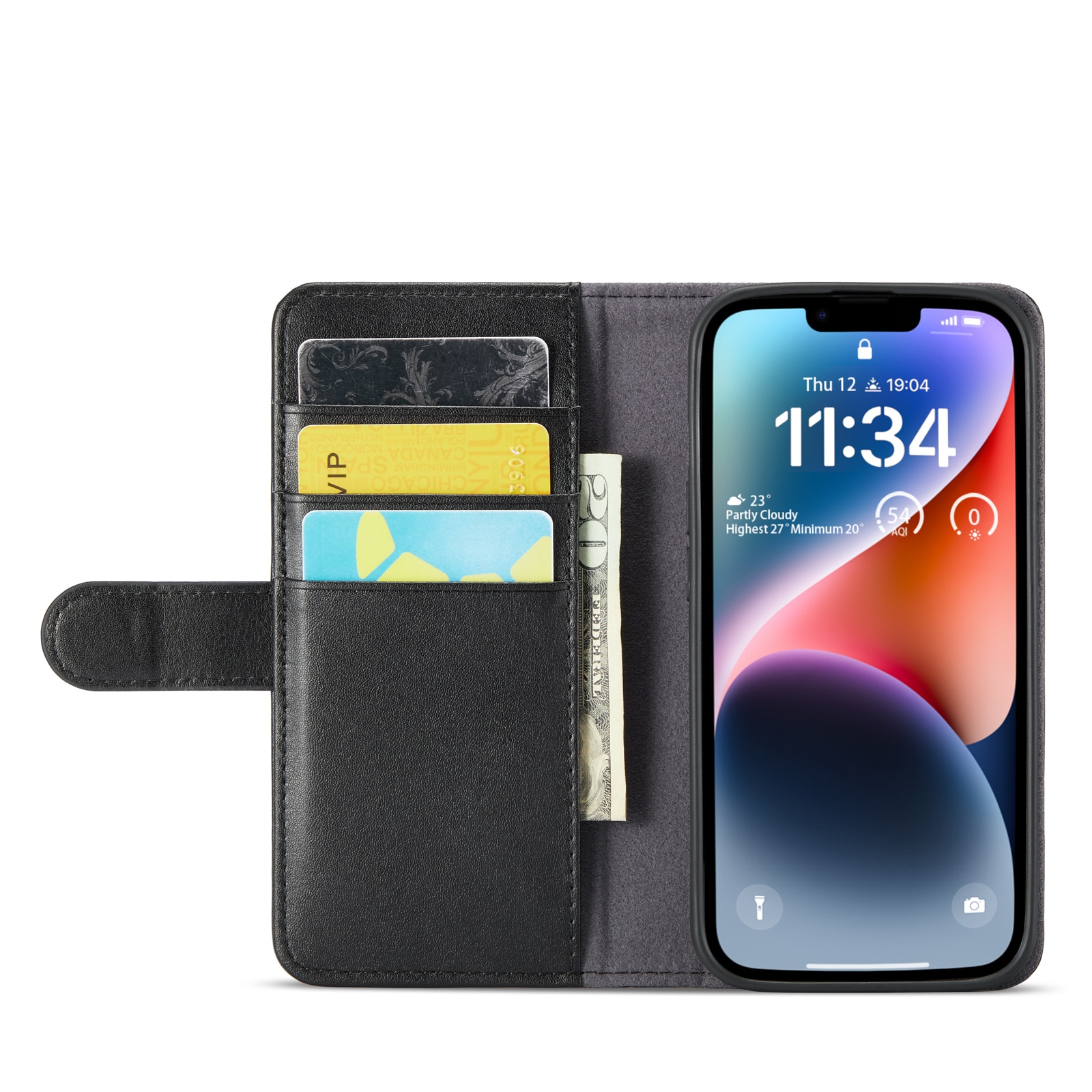 Custodia a portafoglio in vera pelle iPhone 14 Plus, nero