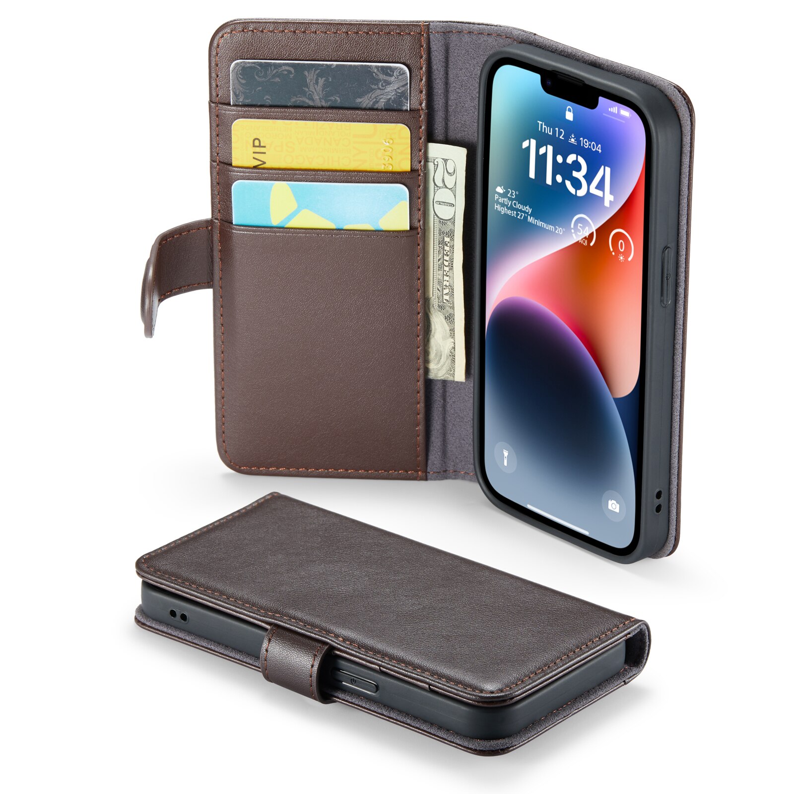 Custodia a portafoglio in vera pelle iPhone 14 Plus, marrone