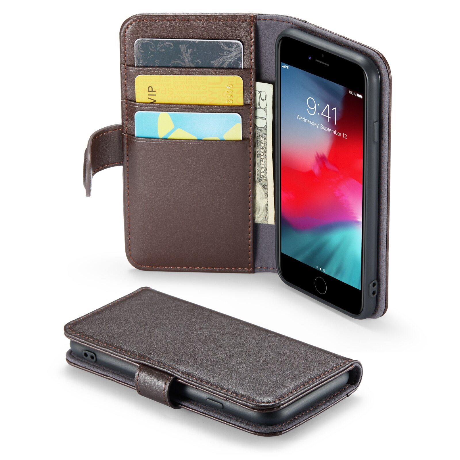 Custodia a portafoglio in vera pelle iPhone SE (2020), marrone
