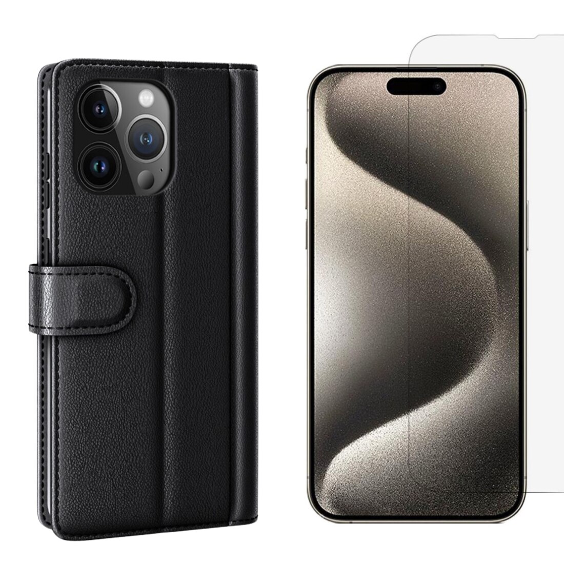 Kit per iPhone 15 Pro : Cover portafoglio e proteggischermo