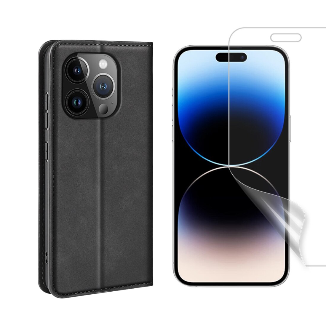 Kit per iPhone 15 Pro : Cover portafoglio Sottile e proteggischermo