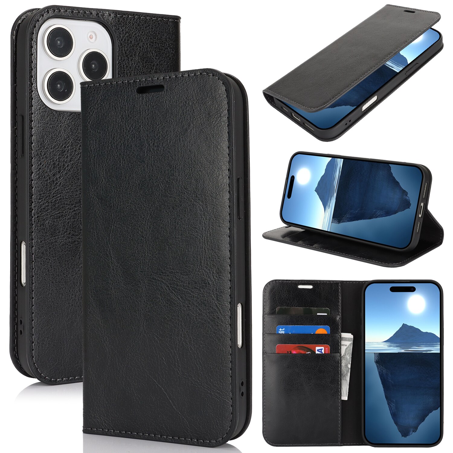 Cover Portafoglio in vera pelle iPhone 16 Pro Max nero