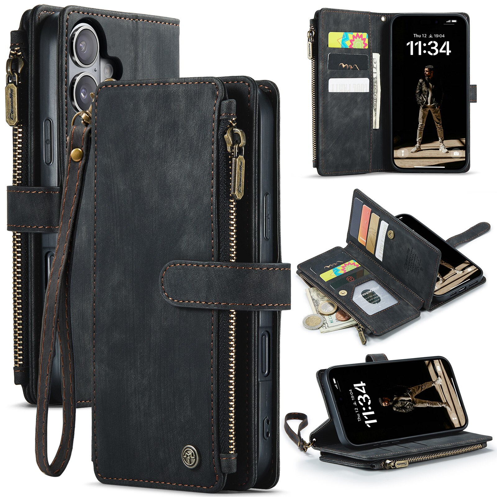 Custodie a portafoglio Zipper iPhone 16 Nero