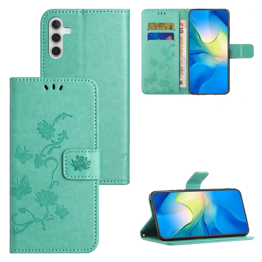 Custodia in pelle a farfalle per Samsung Galaxy S24 FE, verde