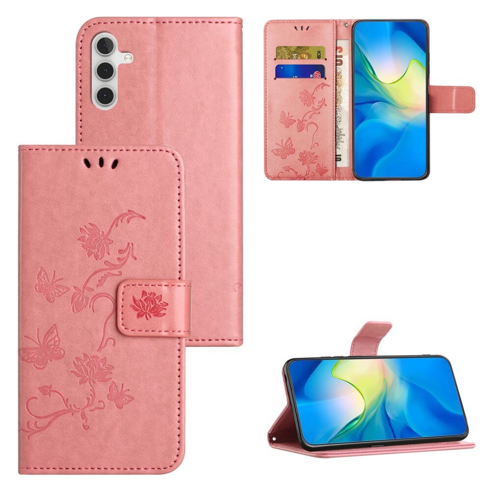 Custodia in pelle a farfalle per Samsung Galaxy S24 FE, rosa