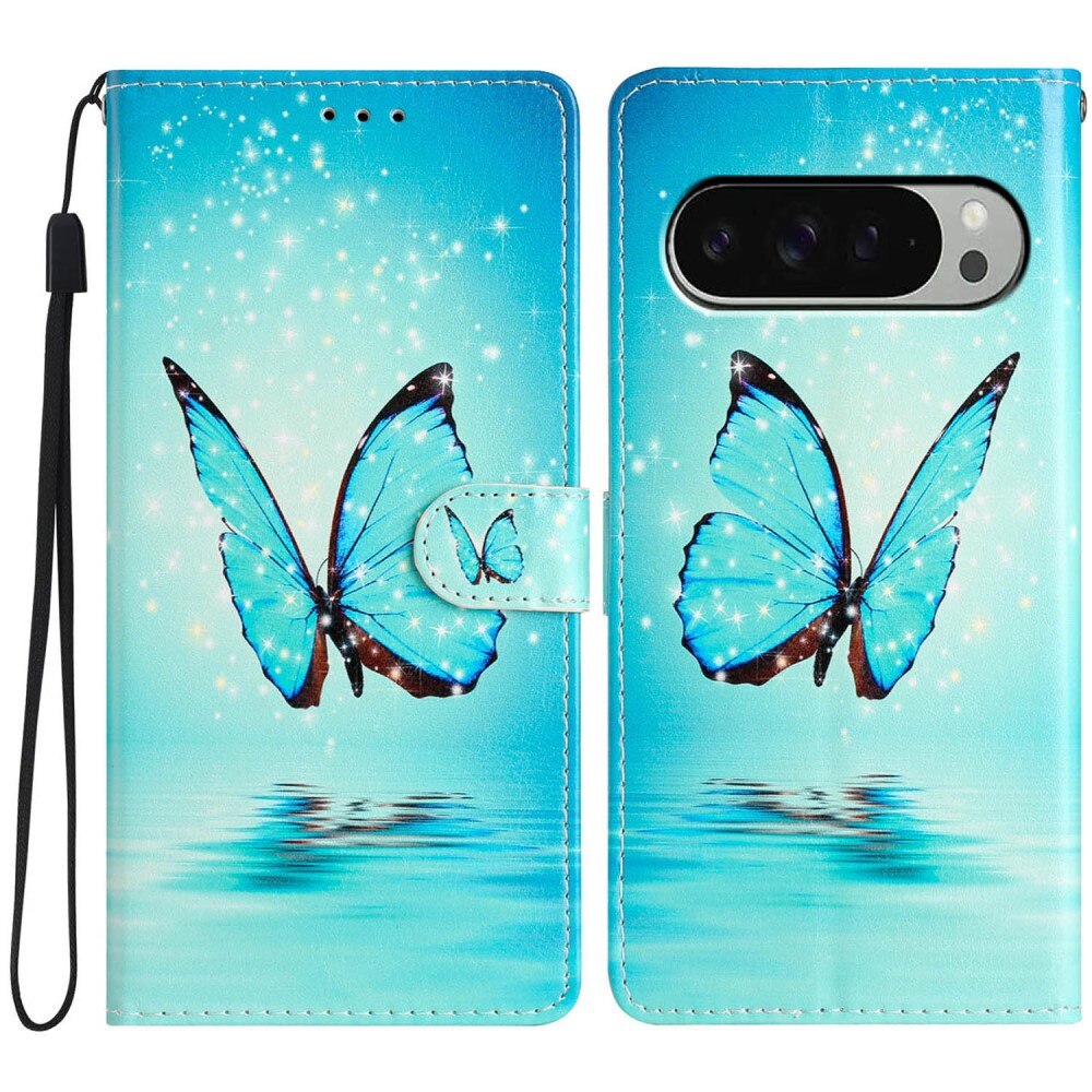 Cover portafoglio Google Pixel 9 Pro farfalle blu