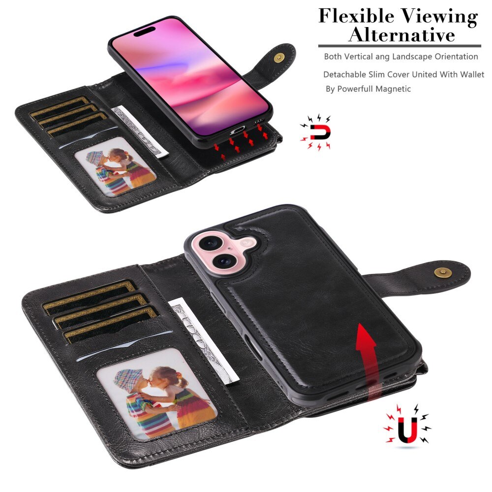 Magnet Leather Multi Wallet iPhone 16 nero