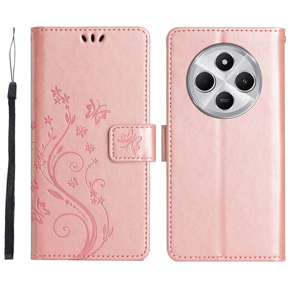 Custodia in pelle a farfalle per Xiaomi Redmi 14C, rosa dorato