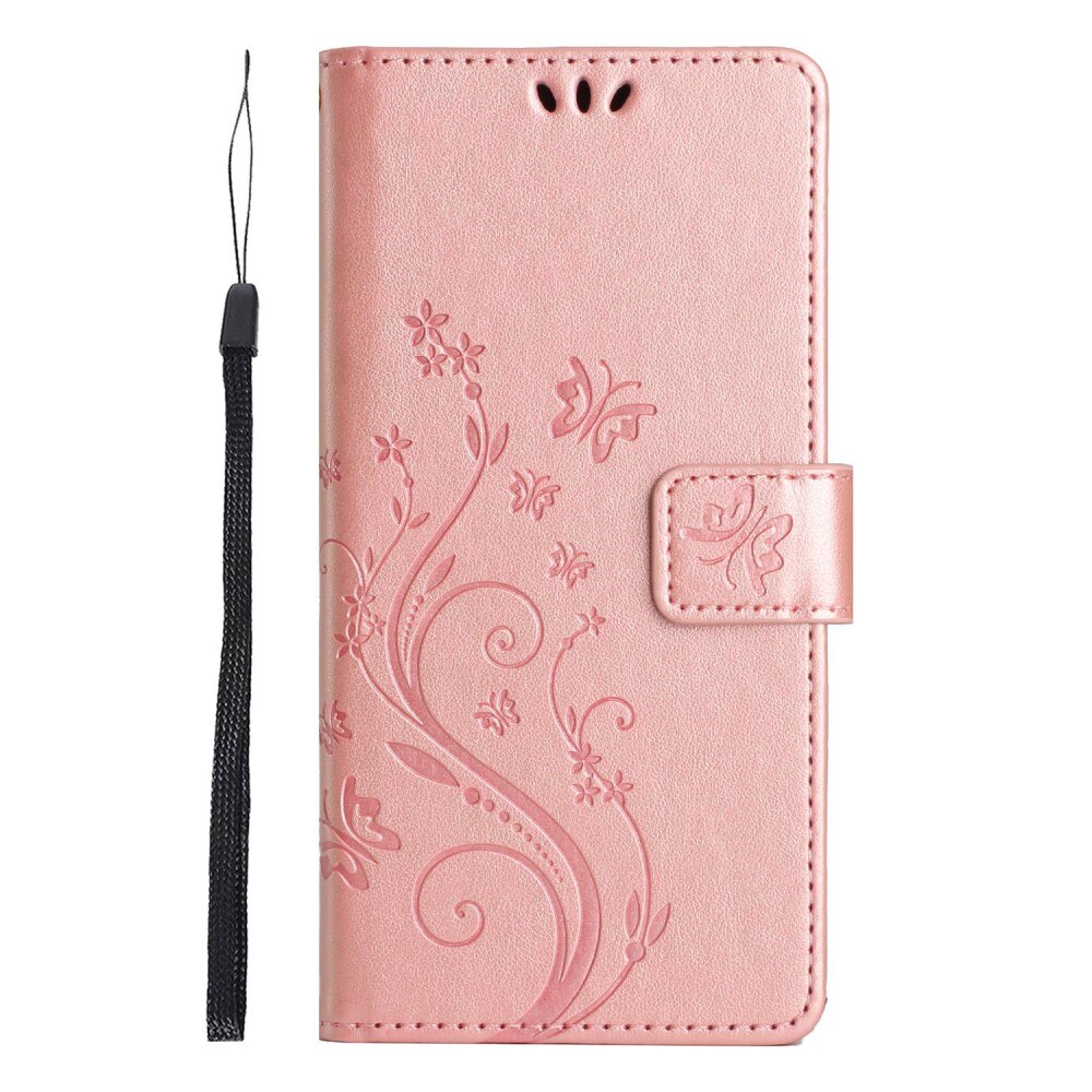 Custodia in pelle a farfalle per Xiaomi Redmi 14C, rosa dorato