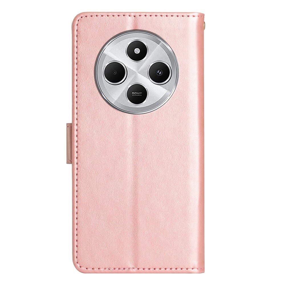 Custodia in pelle a farfalle per Xiaomi Redmi 14C, rosa dorato