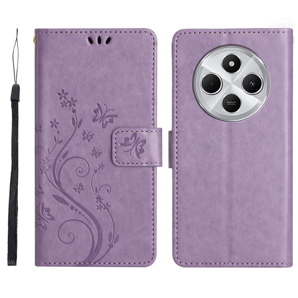 Custodia in pelle a farfalle per Xiaomi Redmi 14C, viola