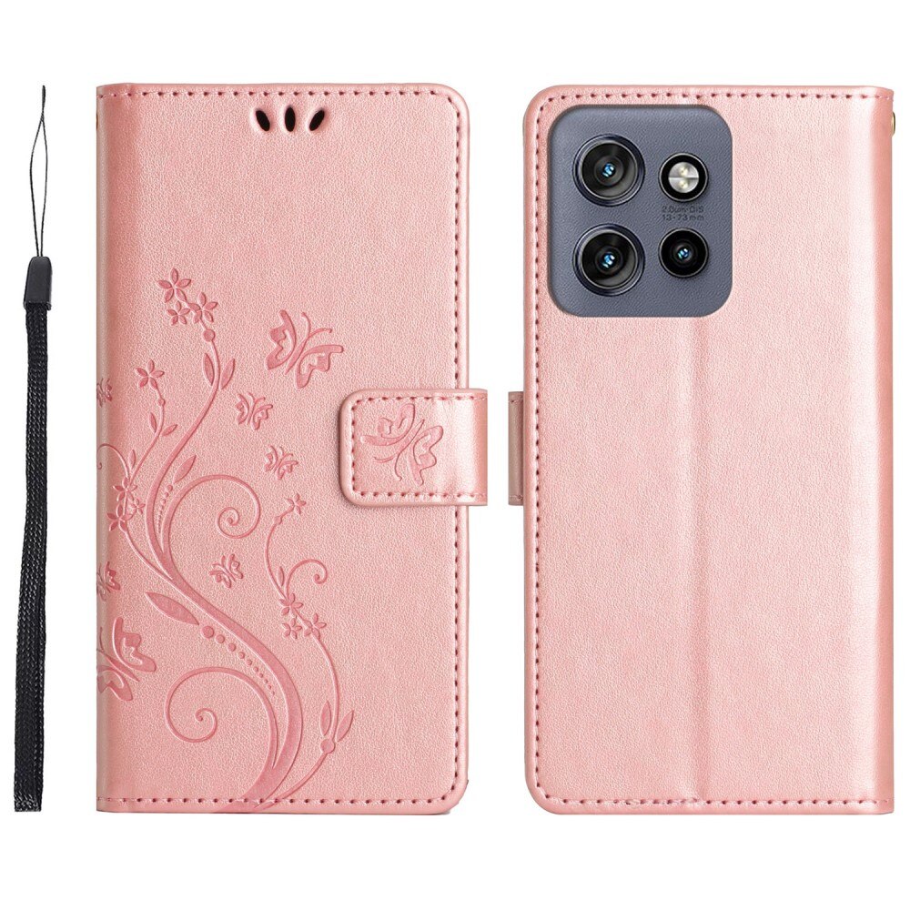 Custodia in pelle a farfalle per Motorola ThinkPhone 25, rosa dorato