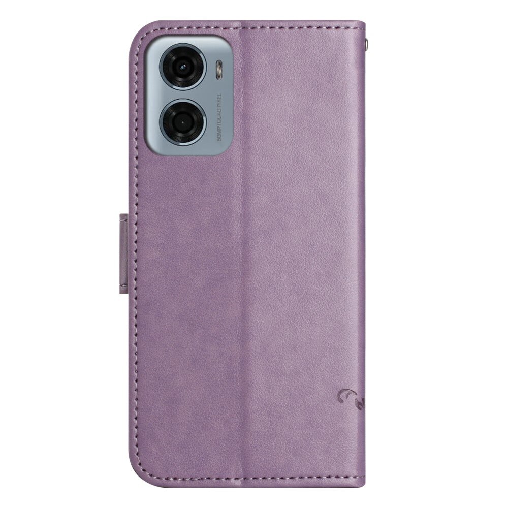 Custodia in pelle a farfalle per Motorola Moto E15, viola