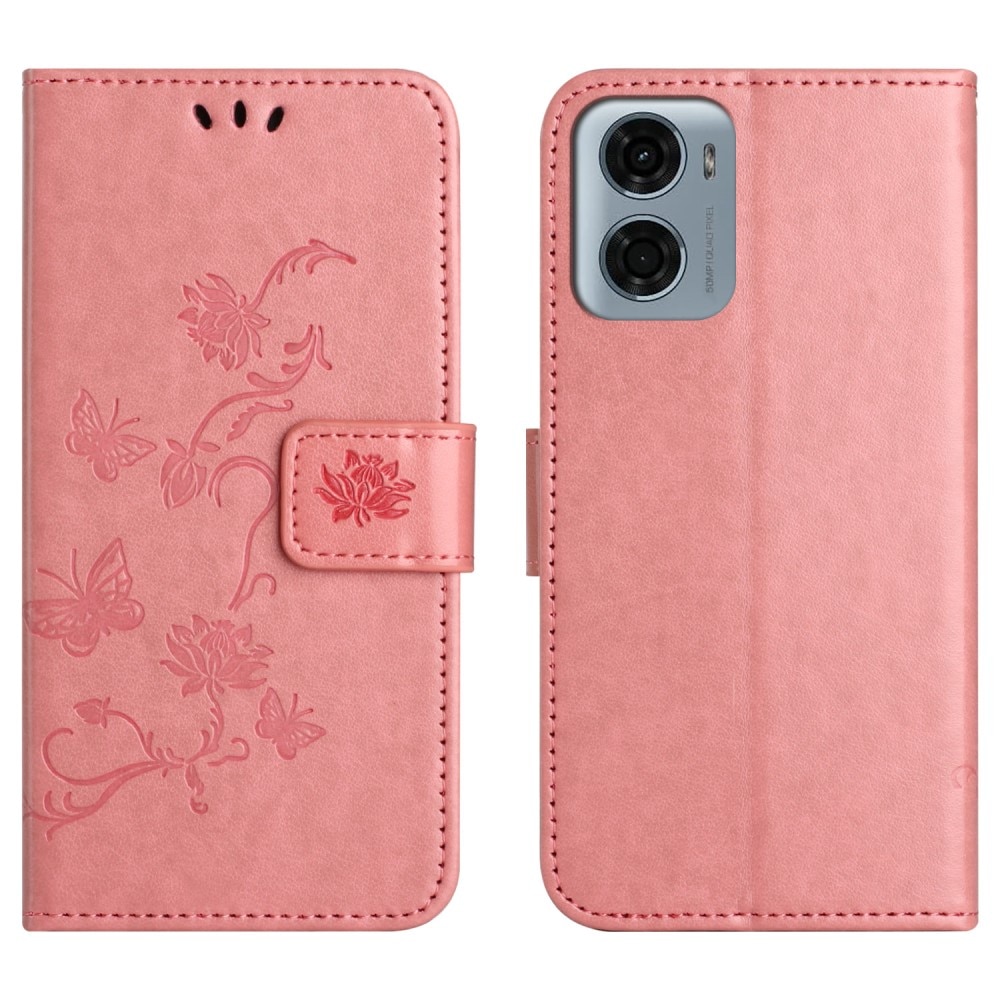 Custodia in pelle a farfalle per Motorola Moto G05, Rosa