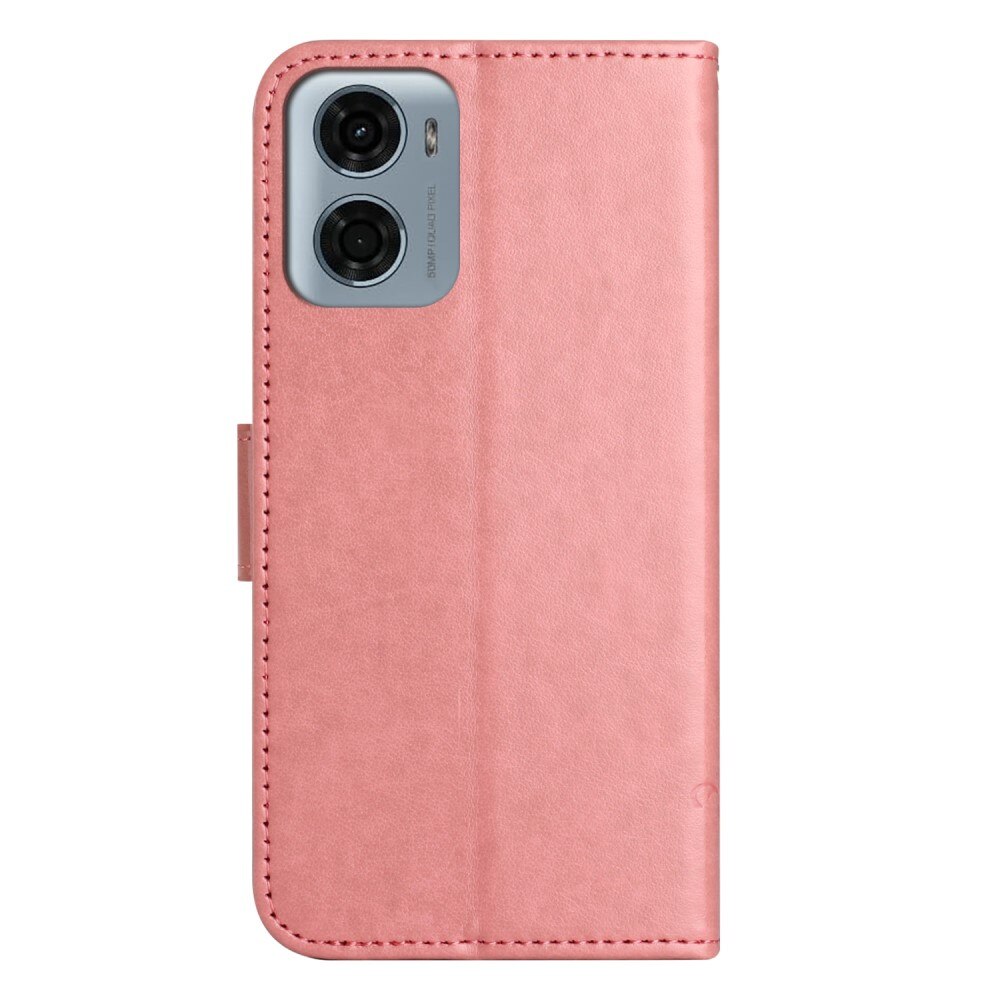 Custodia in pelle a farfalle per Motorola Moto E15, Rosa