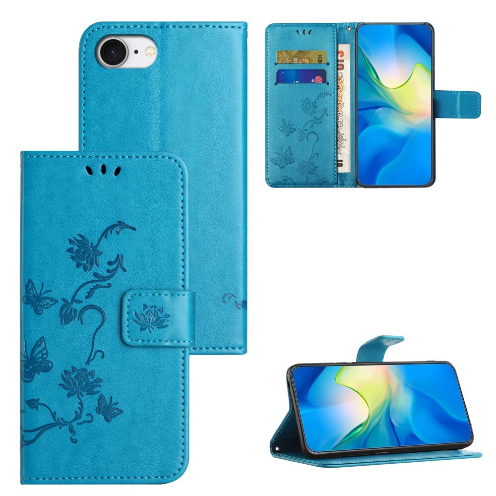 Custodia in pelle a farfalle per iPhone 16e, Blu