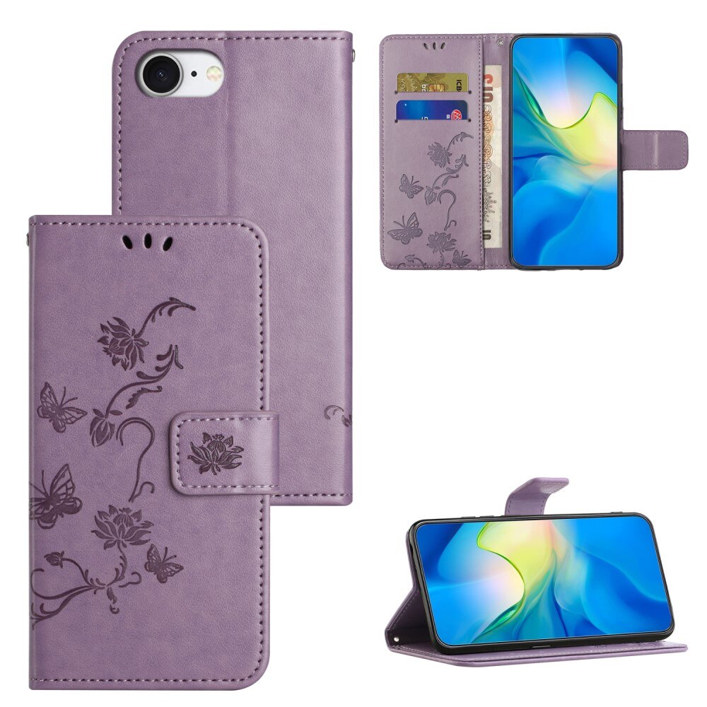 Custodia in pelle a farfalle per iPhone 16e, Viola