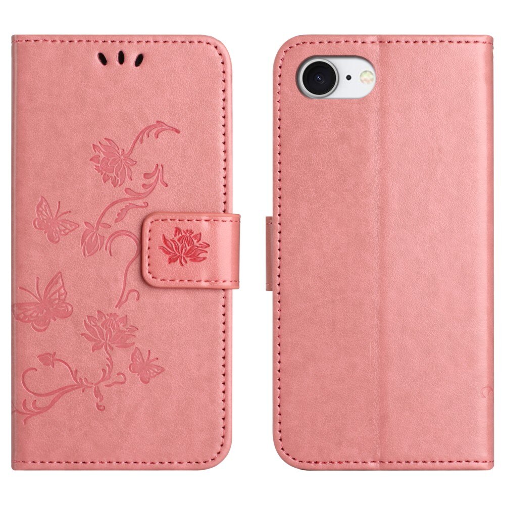 Custodia in pelle a farfalle per iPhone 16e, Rosa