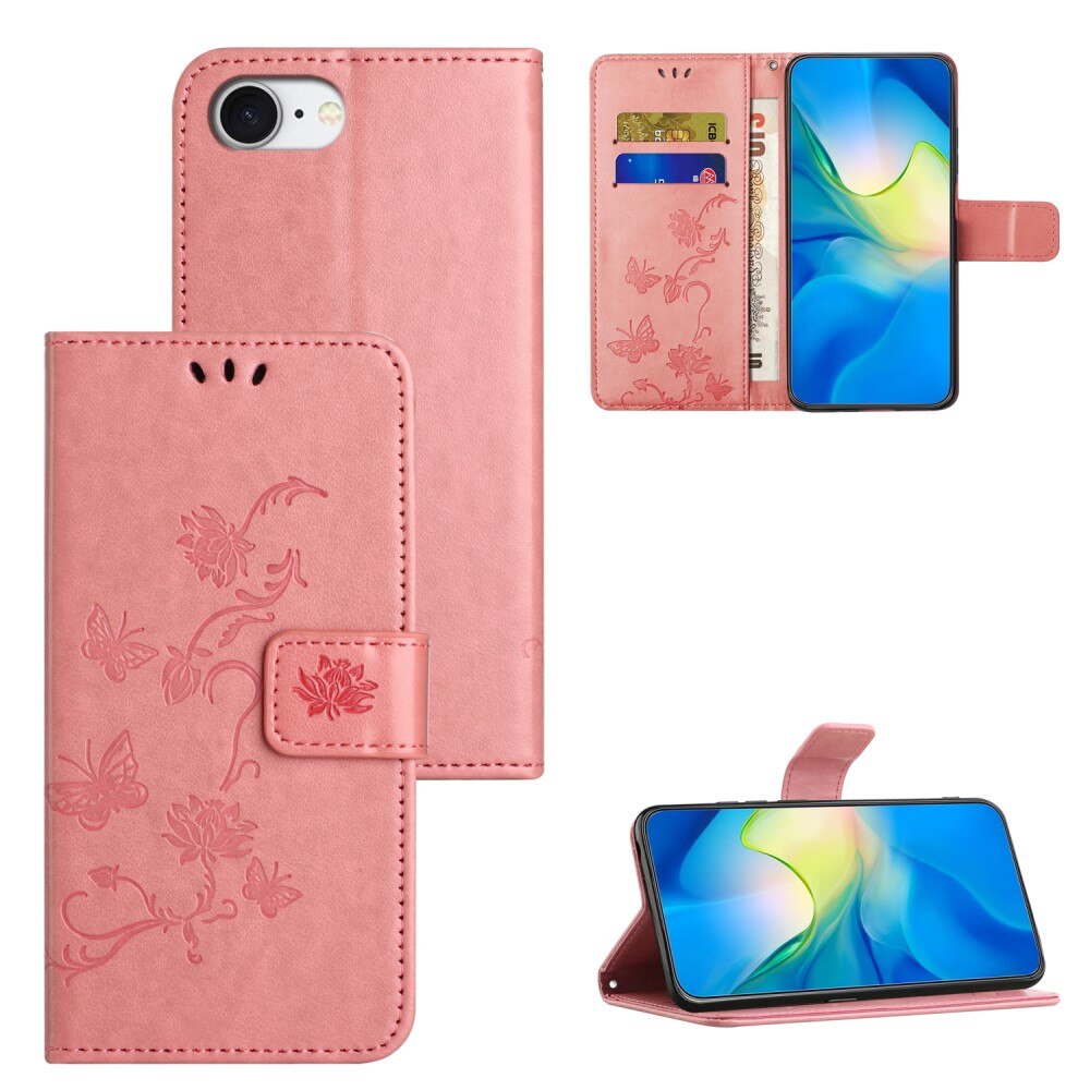 Custodia in pelle a farfalle per iPhone 16e, Rosa