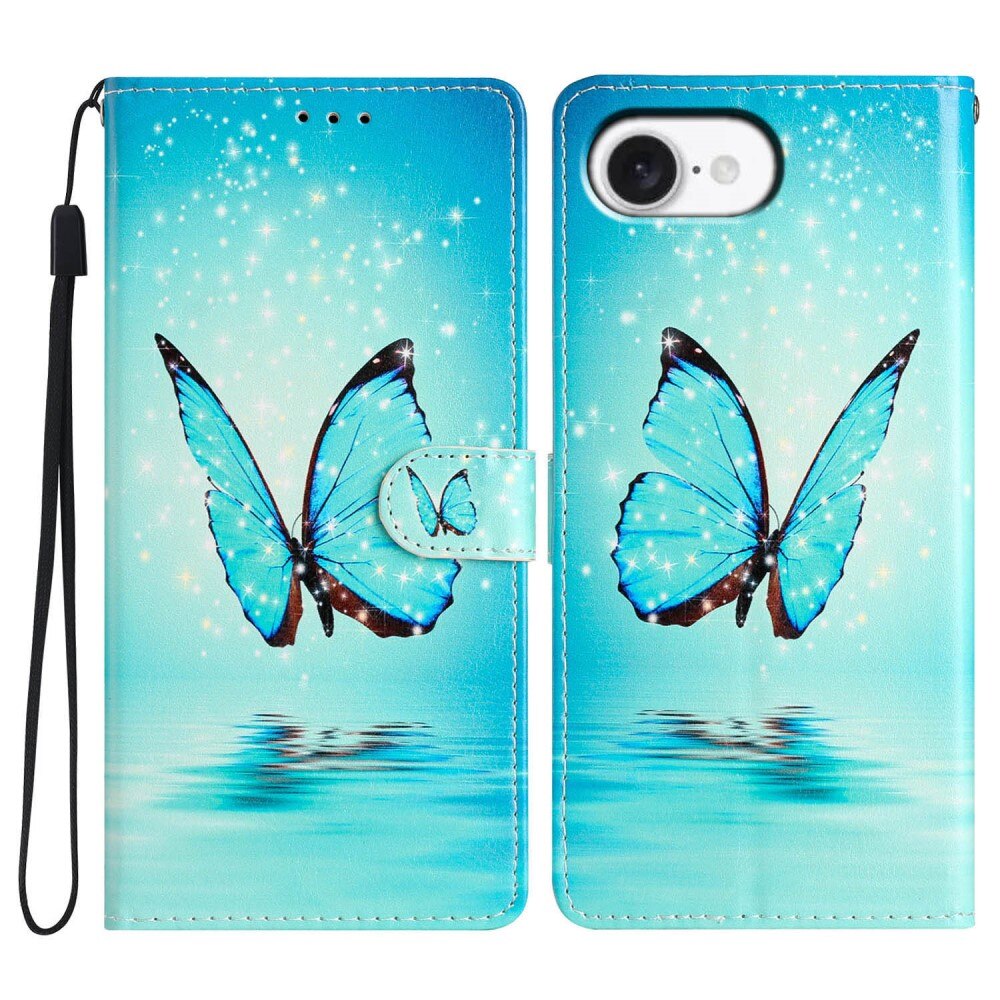 Cover portafoglio iPhone 16e farfalle blu