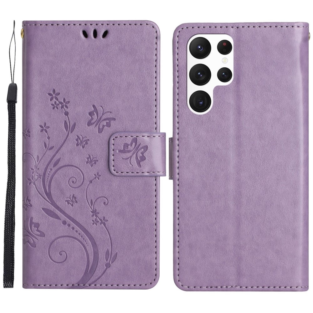 Custodia in pelle a farfalle per Samsung Galaxy S23 Ultra, viola