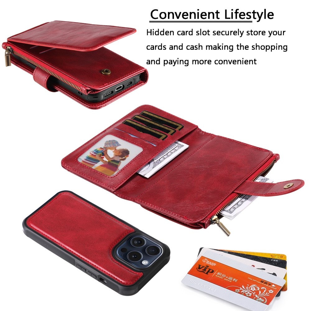 Magnet Leather Multi Wallet iPhone 15 Pro rosso