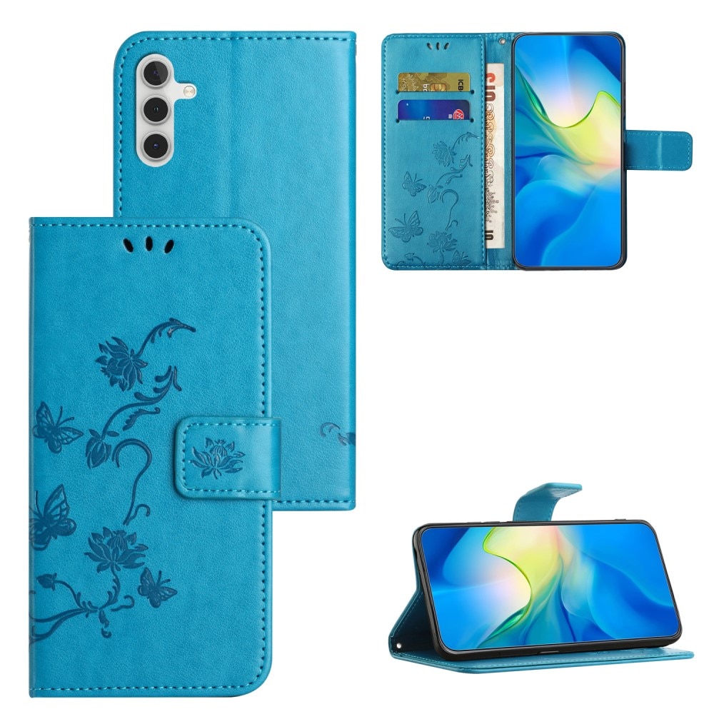 Custodia in pelle a farfalle per Samsung Galaxy S24, blu