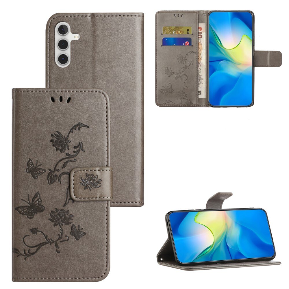 Custodia in pelle a farfalle per Samsung Galaxy S24, grigio