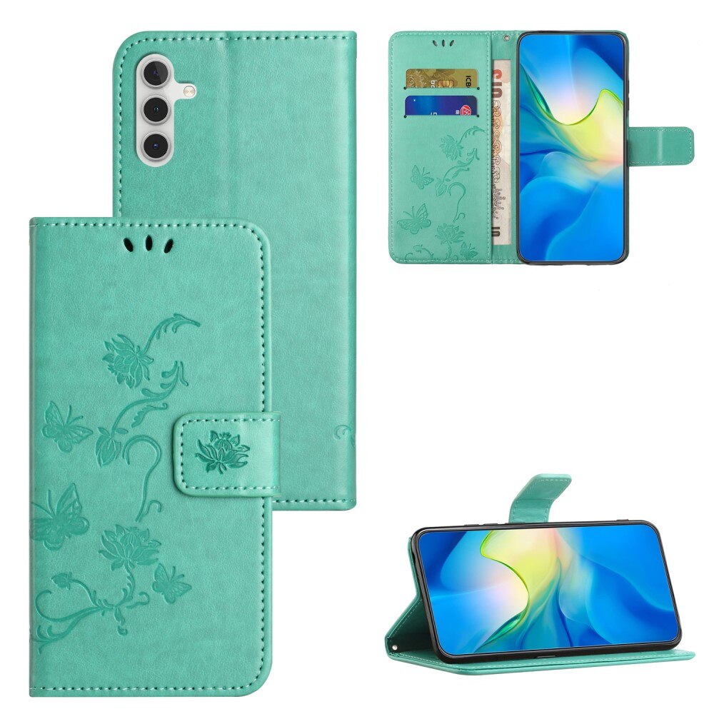 Custodia in pelle a farfalle per Samsung Galaxy A55, verde