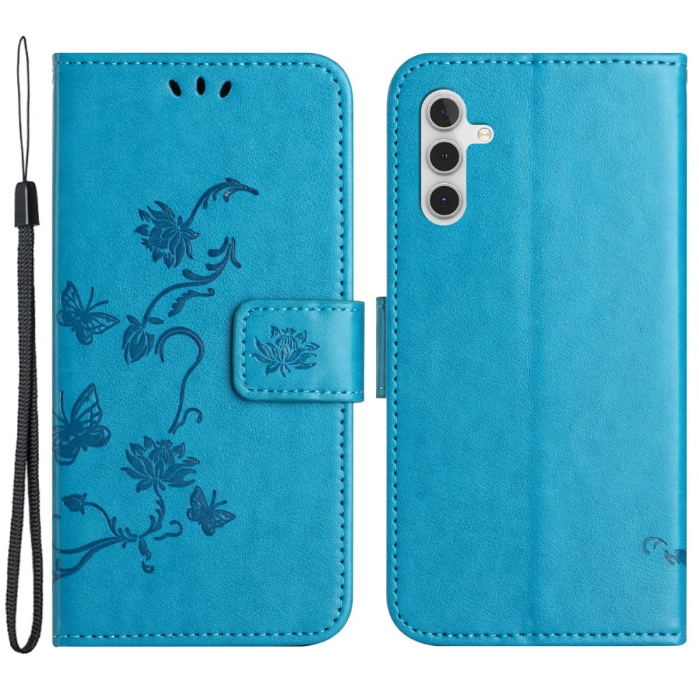 Custodia in pelle a farfalle per Samsung Galaxy A55, blu