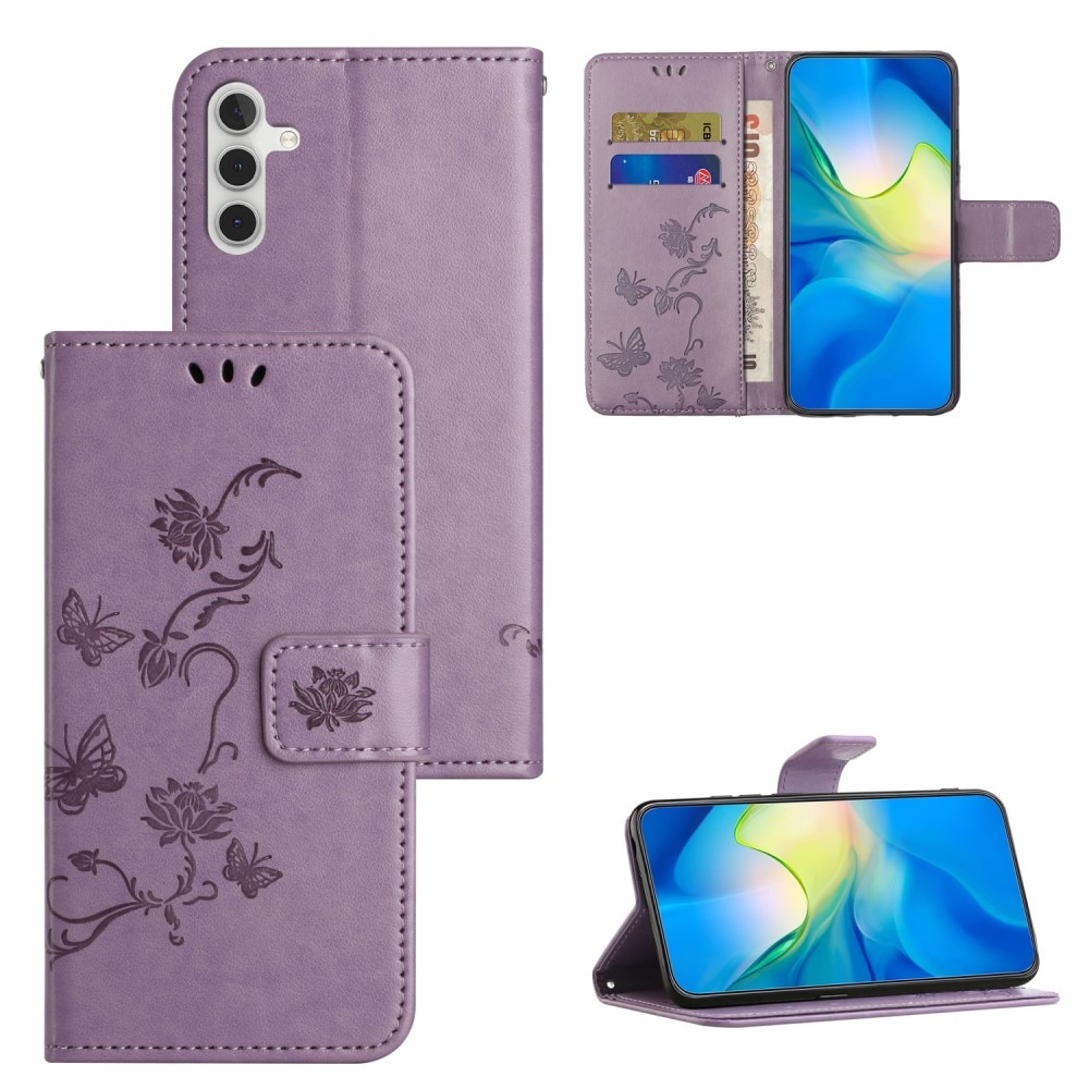 Custodia in pelle a farfalle per Samsung Galaxy A55, viola