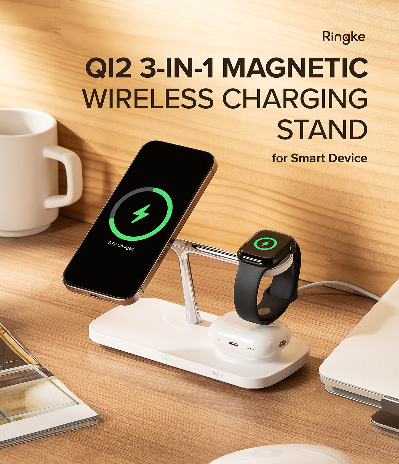 3-in-1 Wireless Charger Stand Qi2 MagSafe, bianco