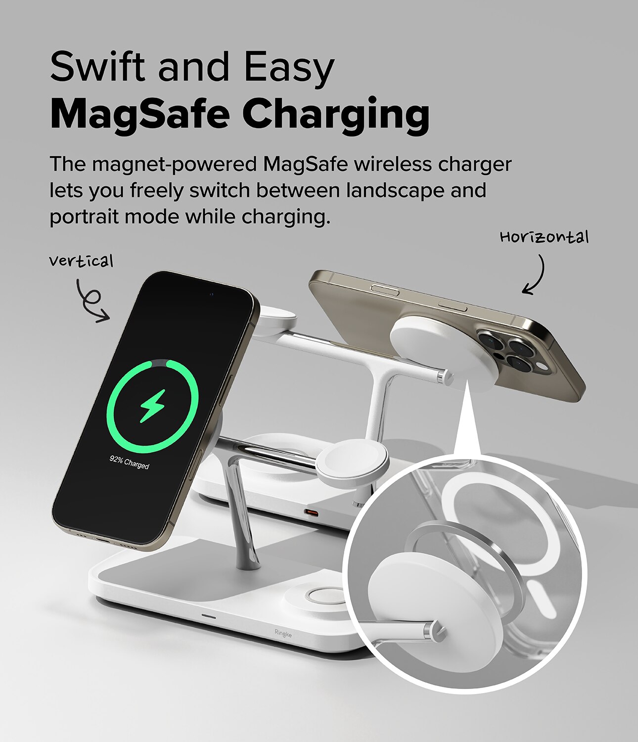 3-in-1 Wireless Charger Stand Qi2 MagSafe, bianco